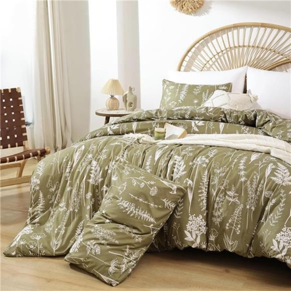 3 Pieces Duvet Covers Queen Size Floral Cover White Botanical Printed Soft Bed - Picture 5 of 8